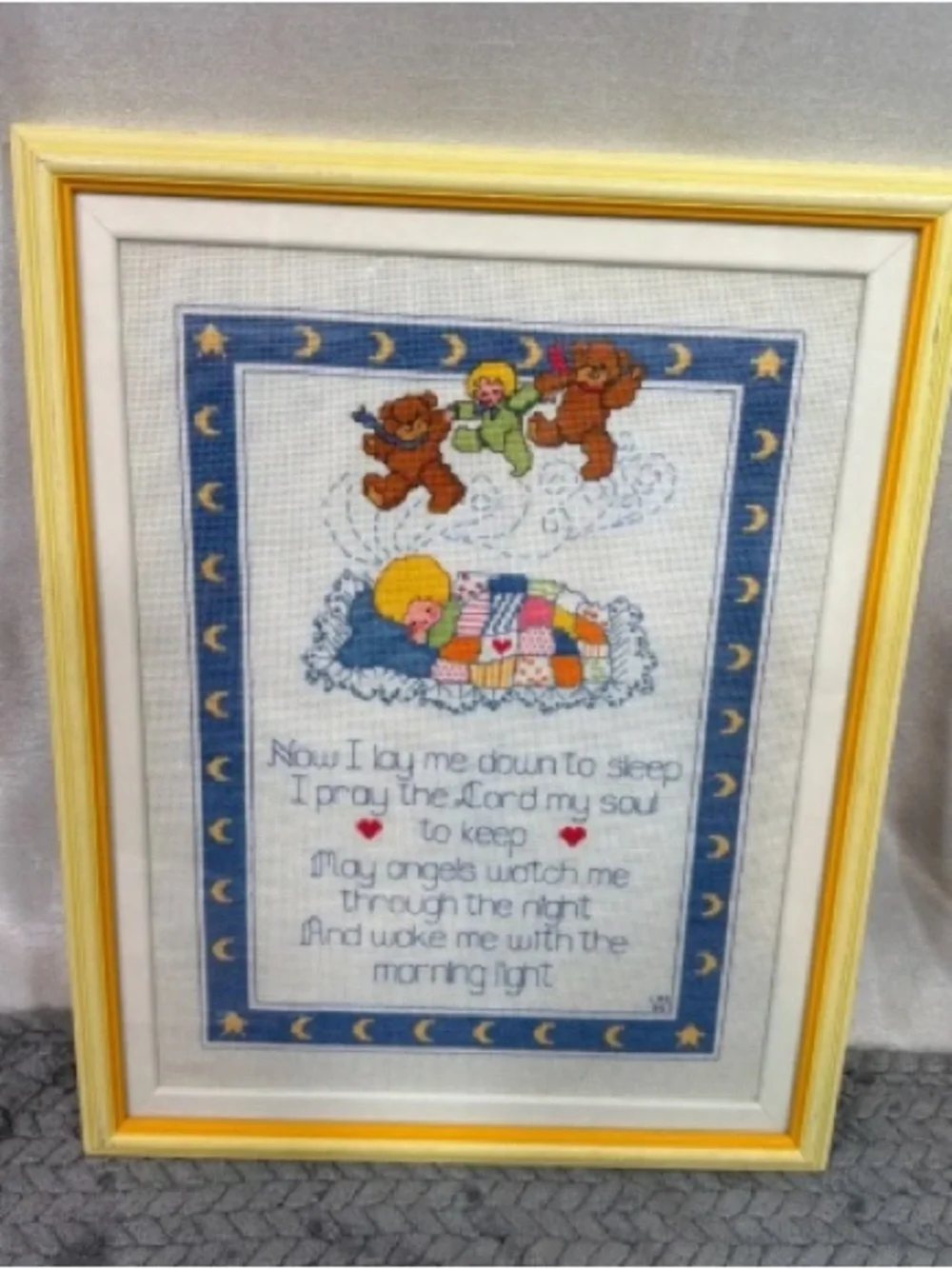 Framed Nursery Prayer Cross-Stitch in Yellow and Blue